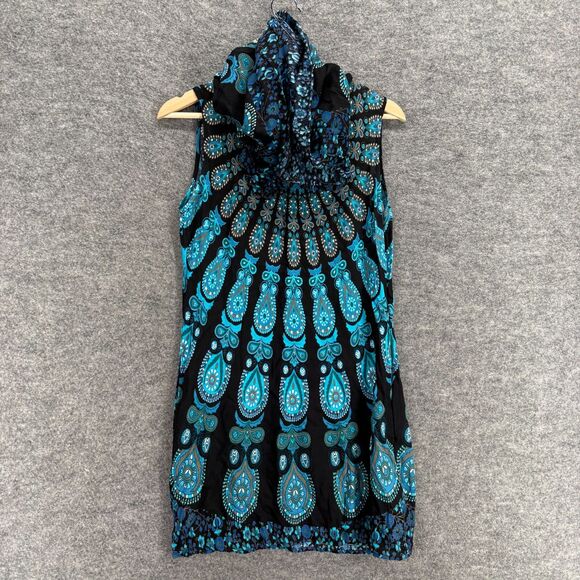 Earth Bound Dress Women S Small Blue Geometric Shift Midi Cowl Neck Sleeveless - Picture 1 of 8